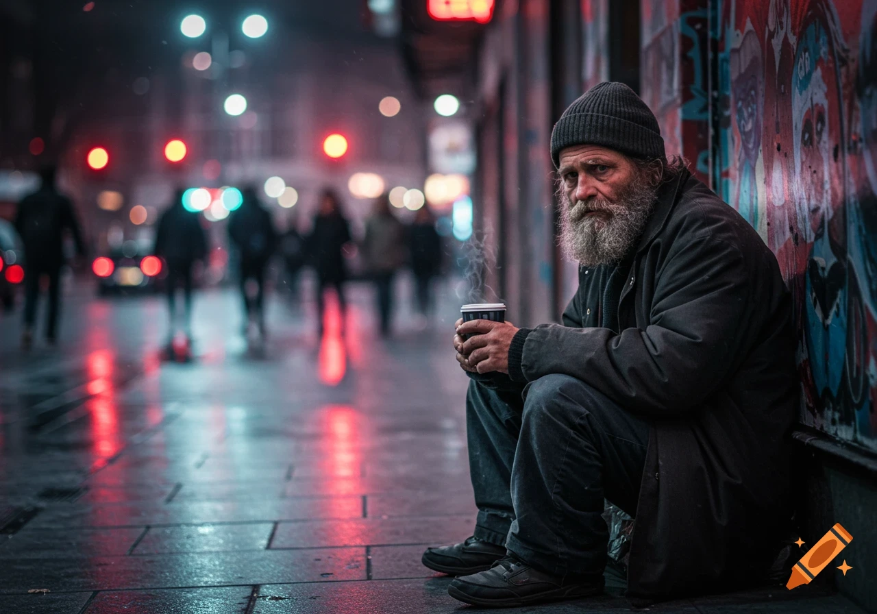 A bearded homeless man sits on a city sidewalk at night, holding a steaming cup, with blurred streetlights and graffiti in the background.