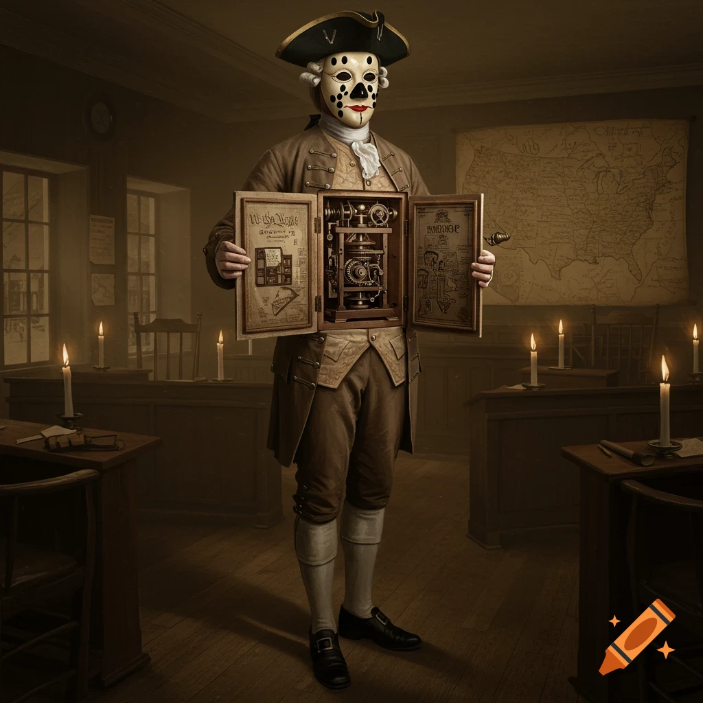 A man in 1776 colonial attire and a domino mask stands in a classroom, revealing an intricate clockwork mechanism in his open chest cavity.