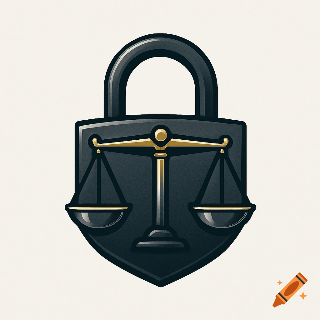 A stylized logo of a black padlock with a gold balance scale integrated into its body, on a light background.