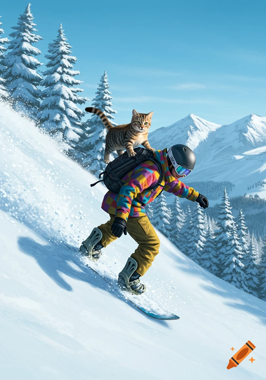 A snowboarder in a colorful jacket with a tabby cat on their backpack descends a snowy mountain slope with pine trees.