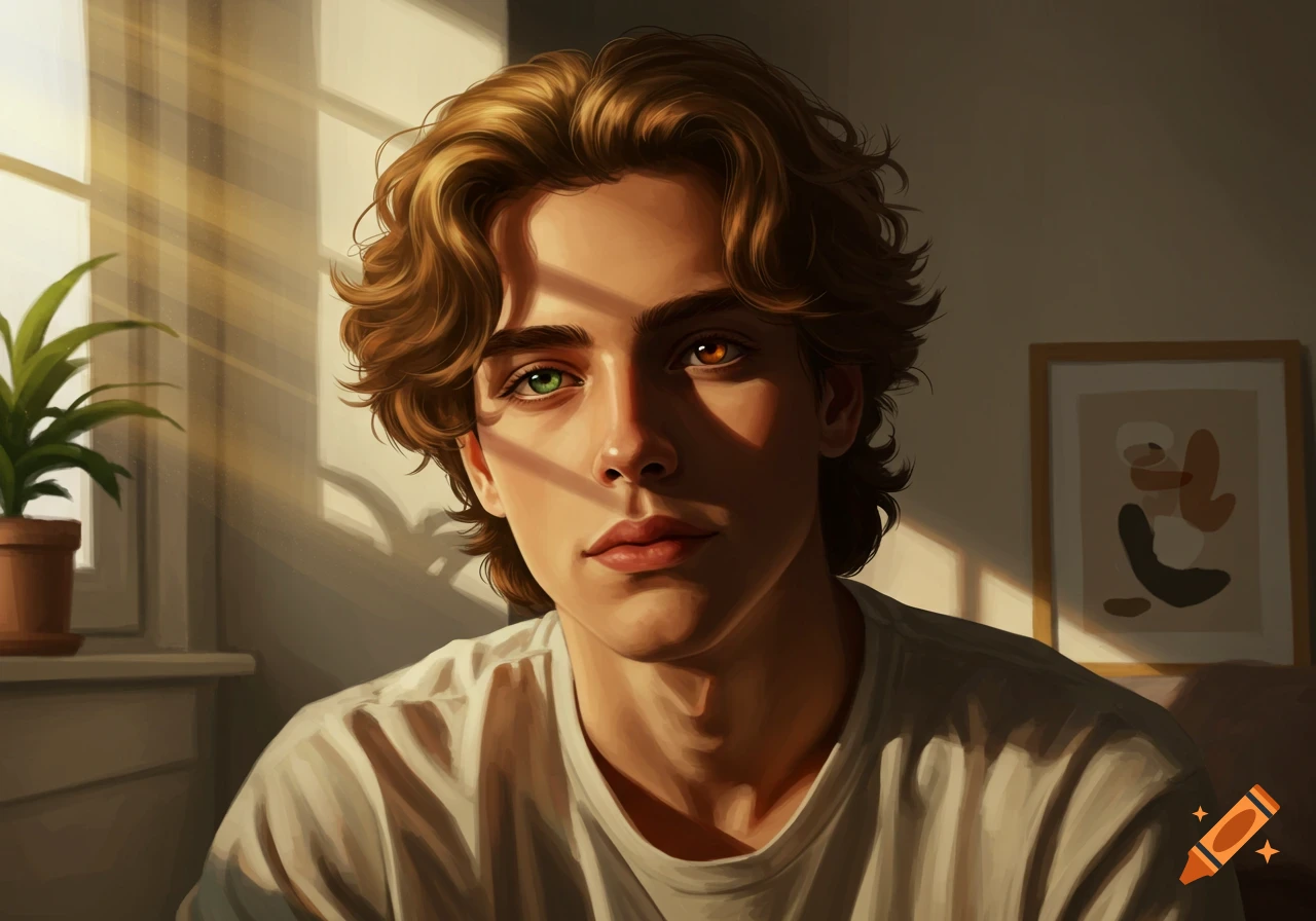 A close-up digital art portrait of a young man with wavy brown hair, one green eye and one brown eye, bathed in warm sunlight.