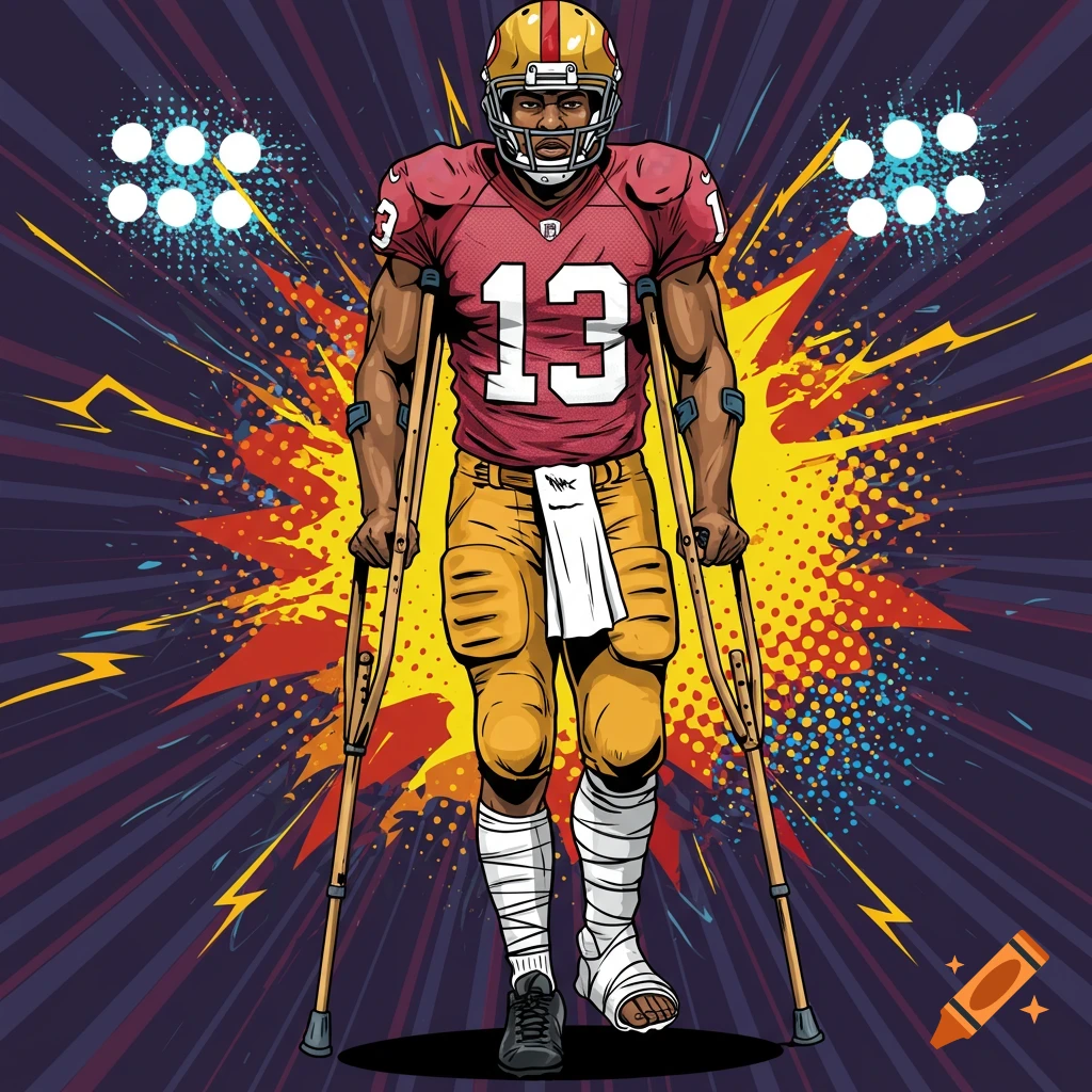 Pop art illustration of an injured football player in a red jersey with number 13, on crutches with a leg cast.