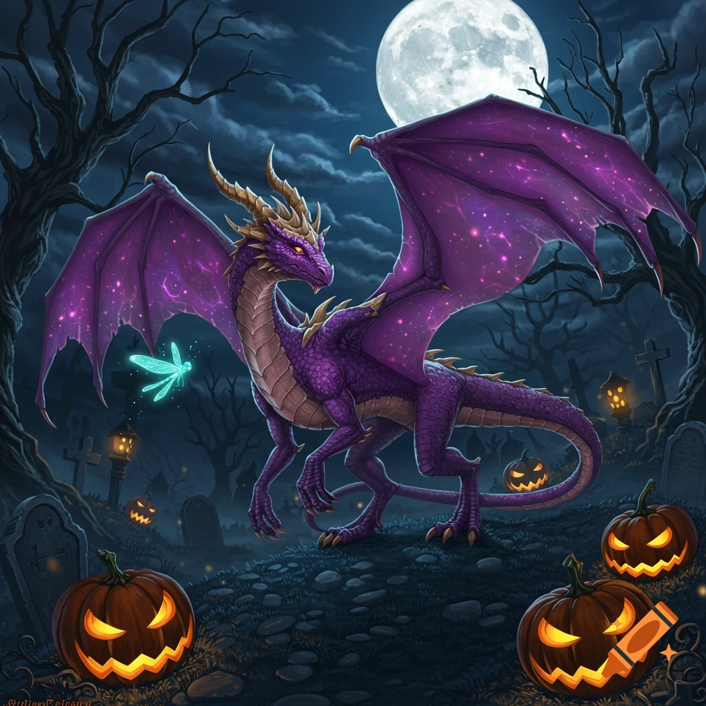 A majestic purple dragon with golden horns and glowing eyes stands in a spooky graveyard with glowing pumpkins and gravestones under a full moon, accompanied by a small glowing dragonfly.