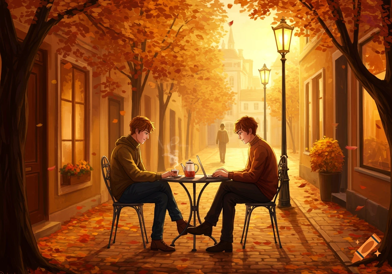Two men sit at an autumn street cafe table, one on a laptop, one with tea, surrounded by orange leaves in an illustration.