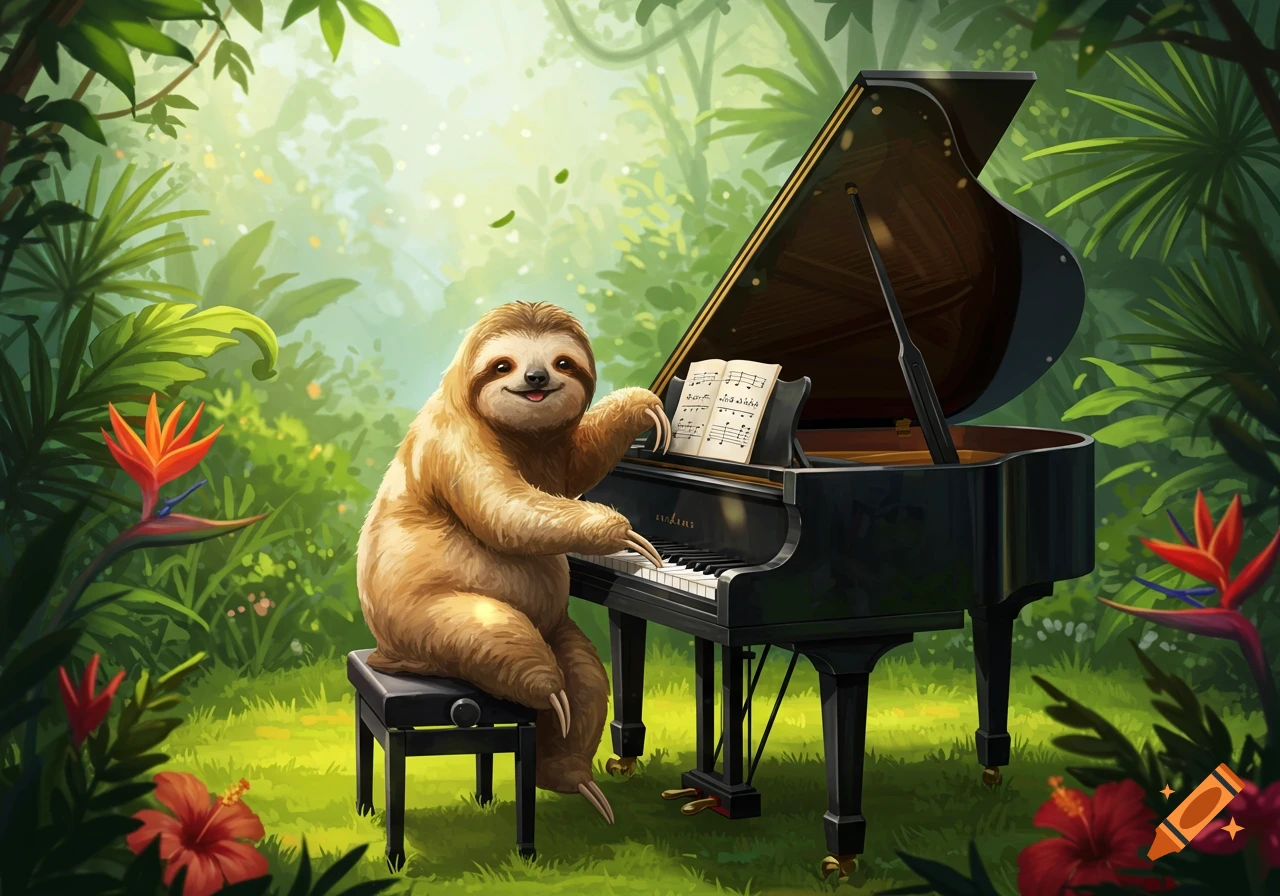 A cute sloth sits on a bench playing a grand piano in a vibrant, lush jungle. Illustrated in a digital art style.
