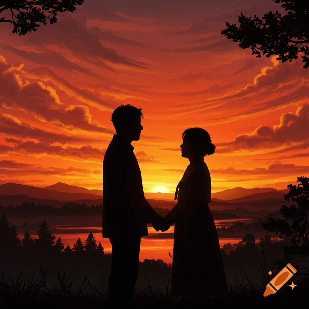 Silhouetted couple holding hands against a vibrant orange and red sunset over a mountainous landscape with a lake, romantic atmosphere.