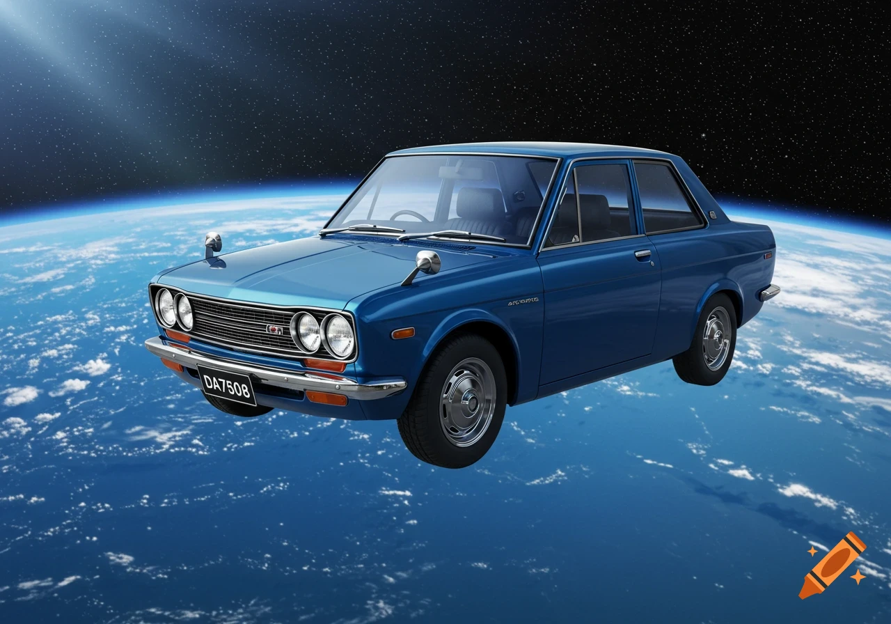 A blue vintage Datsun 100A car floats above a blue Earth with clouds and stars in the background.