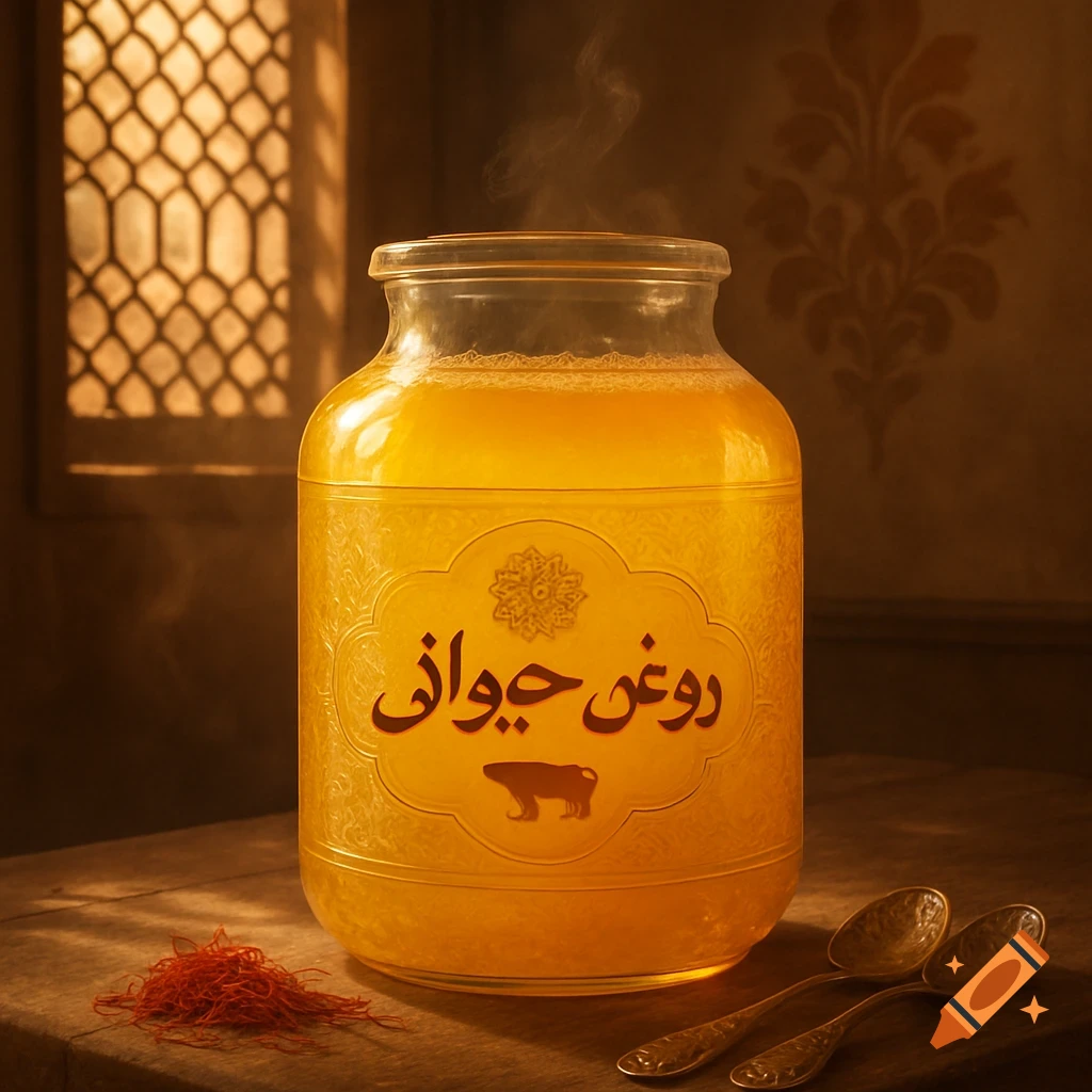 A large glass jar of golden ghee, emitting steam, sits on a wooden table next to a pile of red saffron and two ornate golden spoons. A window with a patterned grille is in the background.