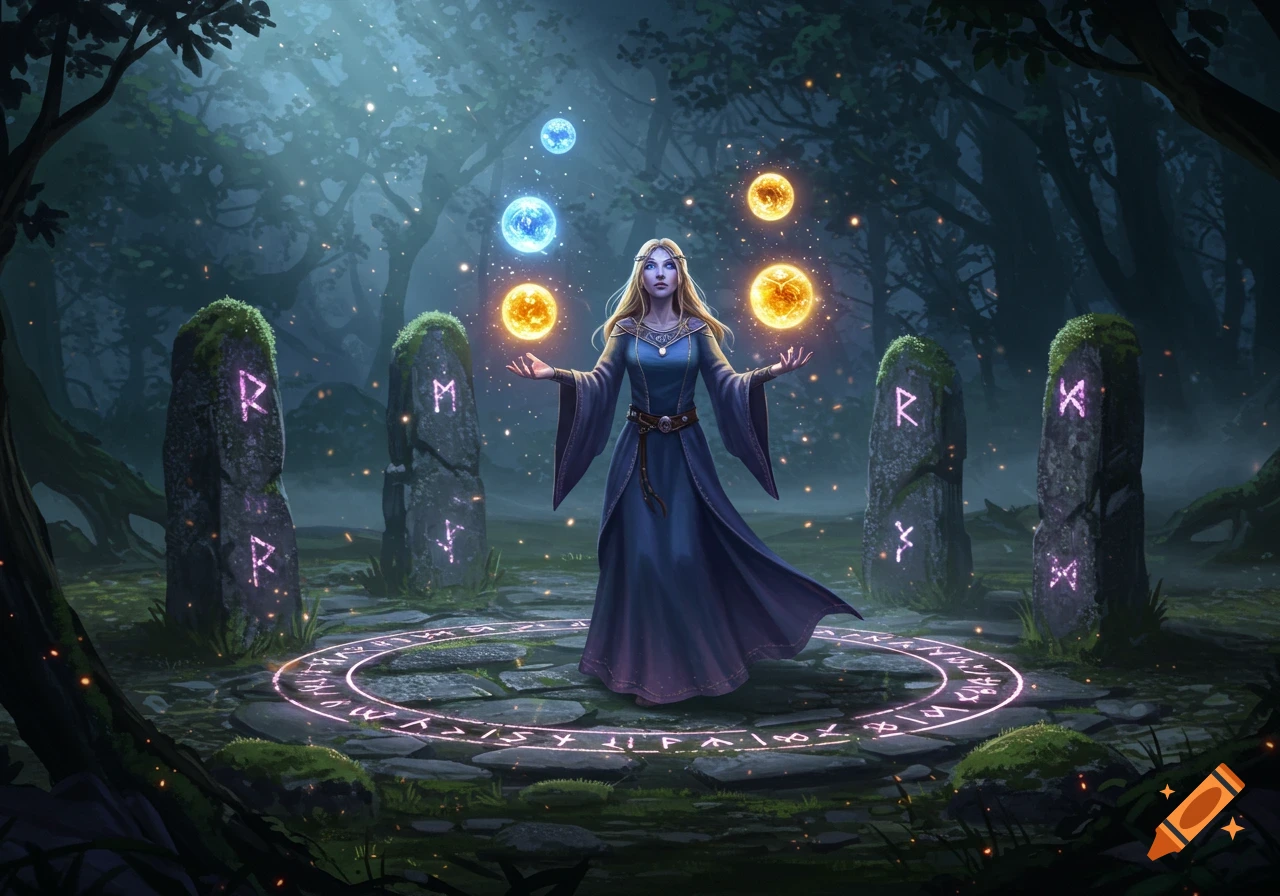 A sorceress in a blue dress juggles glowing orbs in a magical forest with rune stones and a magic circle.