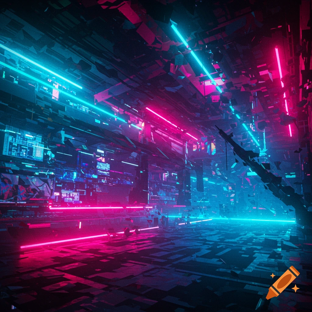 A dark, abstract futuristic corridor with geometric walls lit by bright cyan and magenta neon lights.