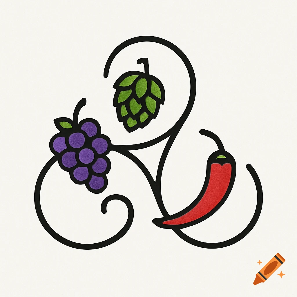 Minimalist triskel logo with a purple grape bunch, green hop cone, and red chili pepper.