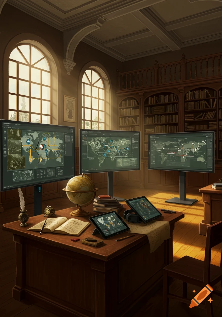 A sunlit study room with arched windows, a wooden desk, old books, a quill, a globe, and three large computer monitors displaying maps and data.