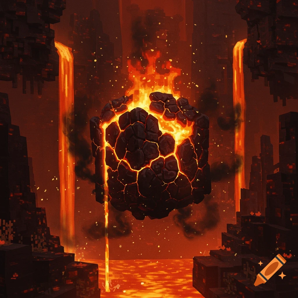 A fiery, cracked lava cube, resembling a Minecraft blaze, floats above a lava river in a dark, blocky, nether-like environment with waterfalls.