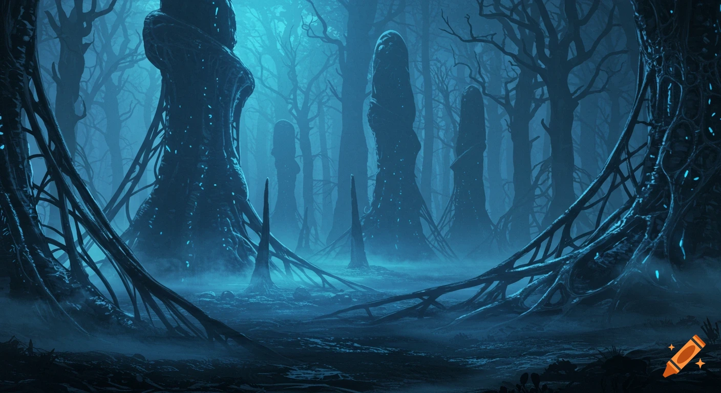 Dark, foggy, surreal forest with glowing blue organic structures and twisted trees in a biomechanical, HR Giger style.