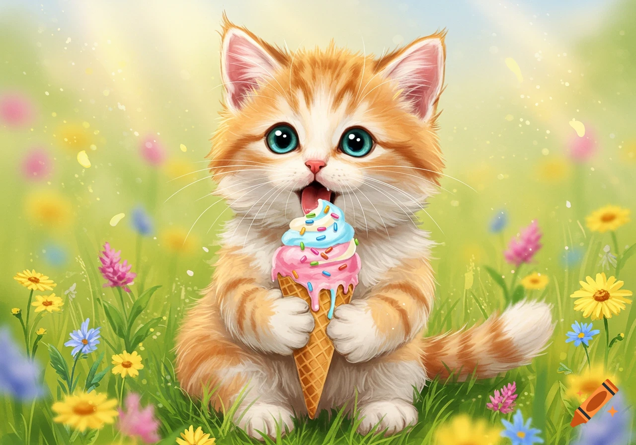 A cute cartoon orange tabby kitten licks a colorful ice cream cone while sitting in a sunny field of flowers.