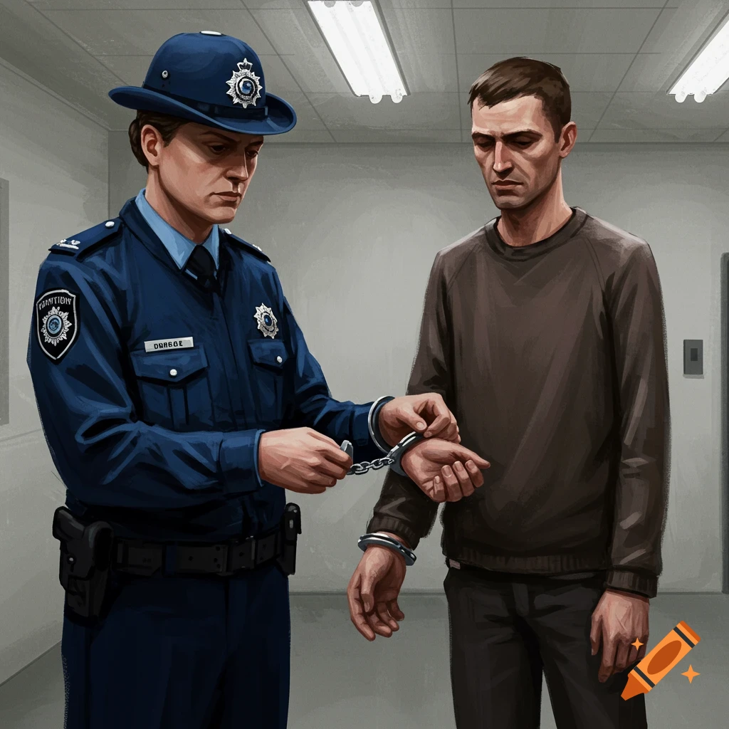 A female correctional officer in a blue uniform handcuffs a somber man in an indoor setting, illustration.