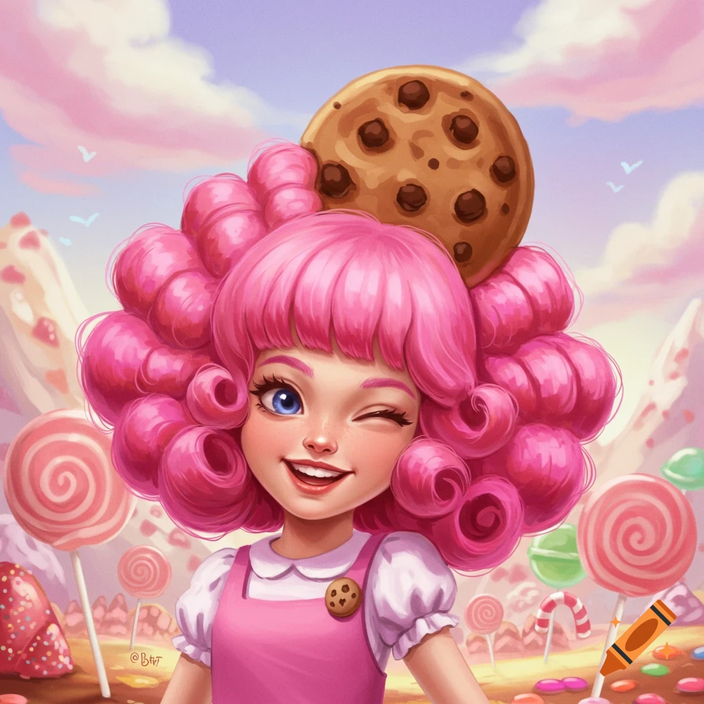 Vibrant cartoon illustration of a winking girl with pink curly hair and a cookie on her head, in a candy land.