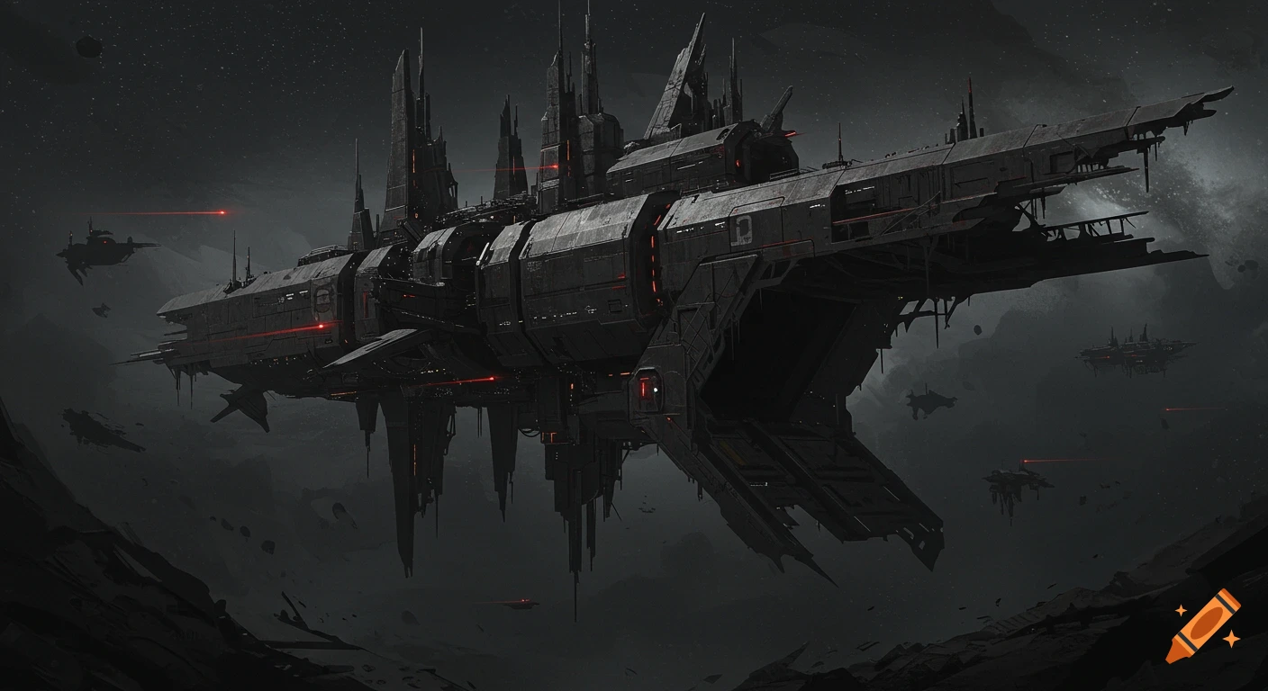 A massive, dark, heavily armored futuristic spaceship drifts in a star-filled void with smaller ships and debris, featuring red accents.