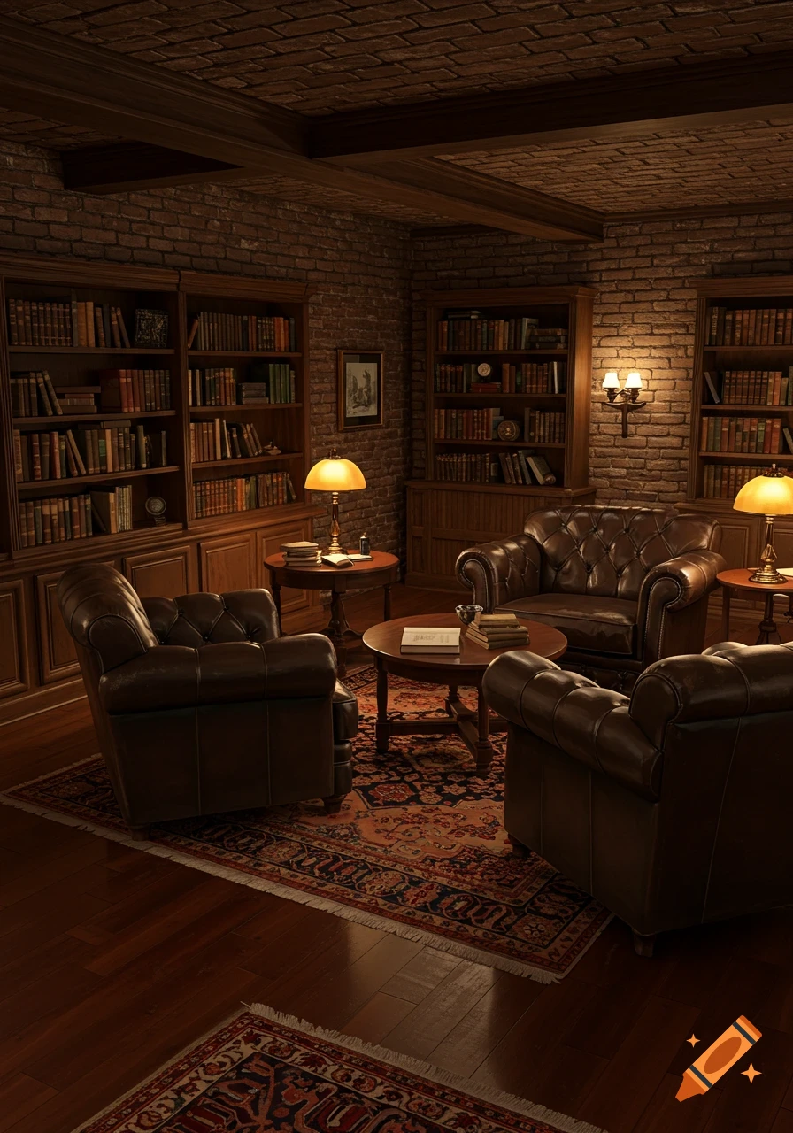 A cozy, photorealistic library room with dark leather armchairs, wooden bookshelves, brick walls, a patterned rug, and warm lamp light.
