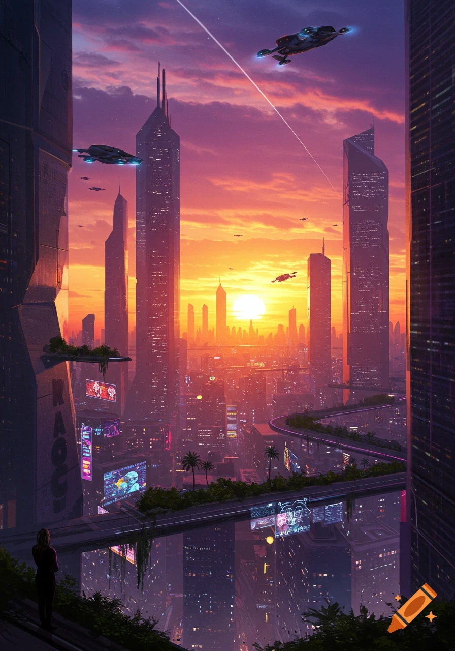Vibrant futuristic cityscape at sunset with tall skyscrapers, flying vehicles, elevated roads, and a person observing the view.