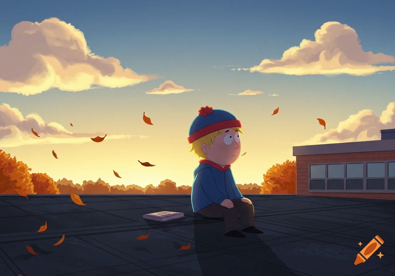 A cartoon boy resembling Craig Tucker from South Park sits contemplatively on a school roof at sunset with autumn leaves falling around him.