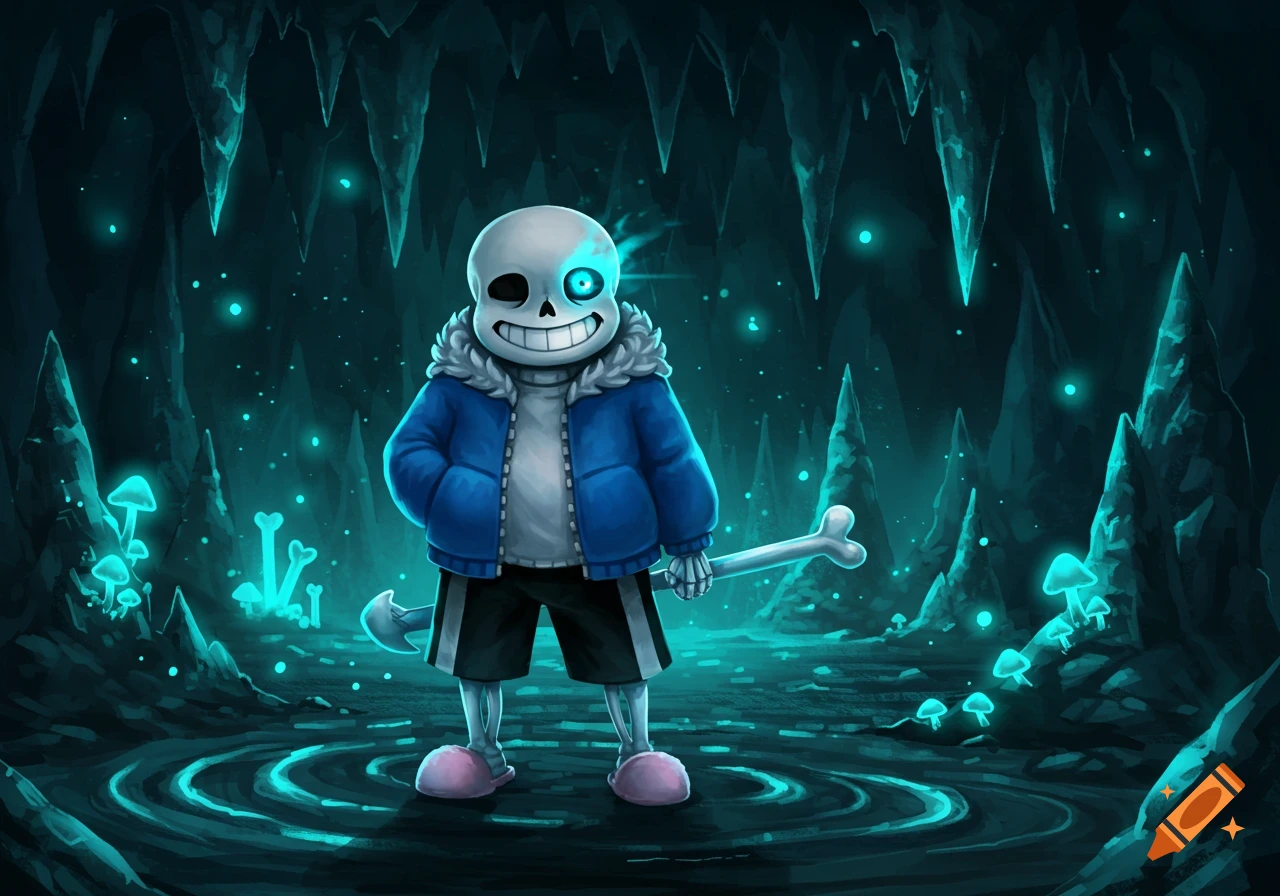 An illustration of Sans from Undertale standing in a glowing blue cave, holding a bone.