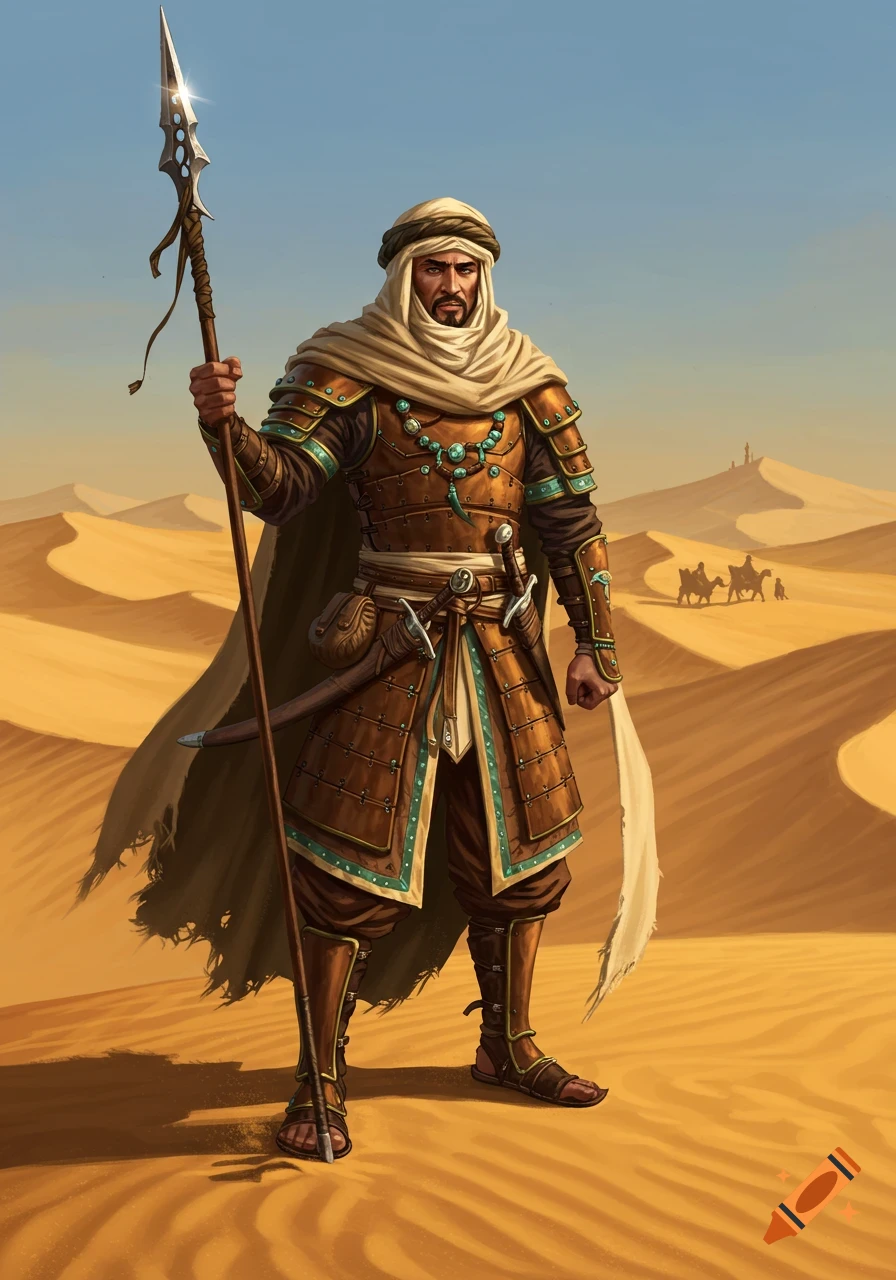A regal nomad commander in ornate armor and turban stands with a spear in a desert landscape, digital painting.