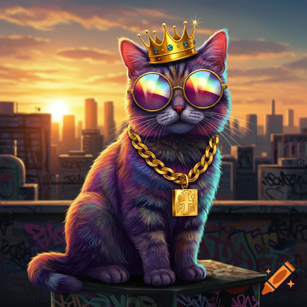 A colorful, stylized hip-hop cat with a gold crown, rainbow sunglasses, and a heavy gold chain sits on a graffiti-covered rooftop at sunset.