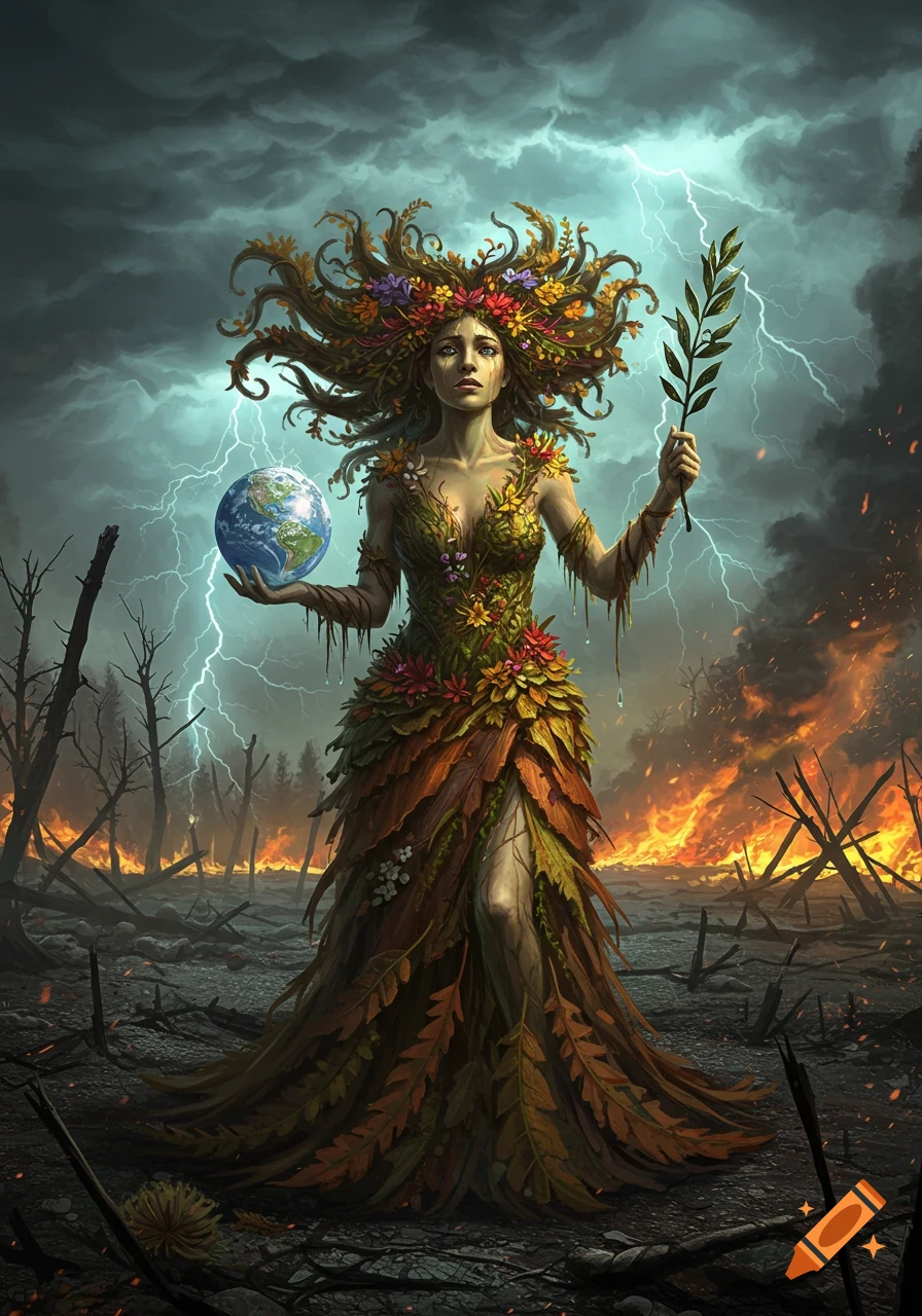 Distressed Mother Earth figure holding a glowing Earth and olive branch amidst a burning, lightning-struck wasteland in a dark fantasy style.