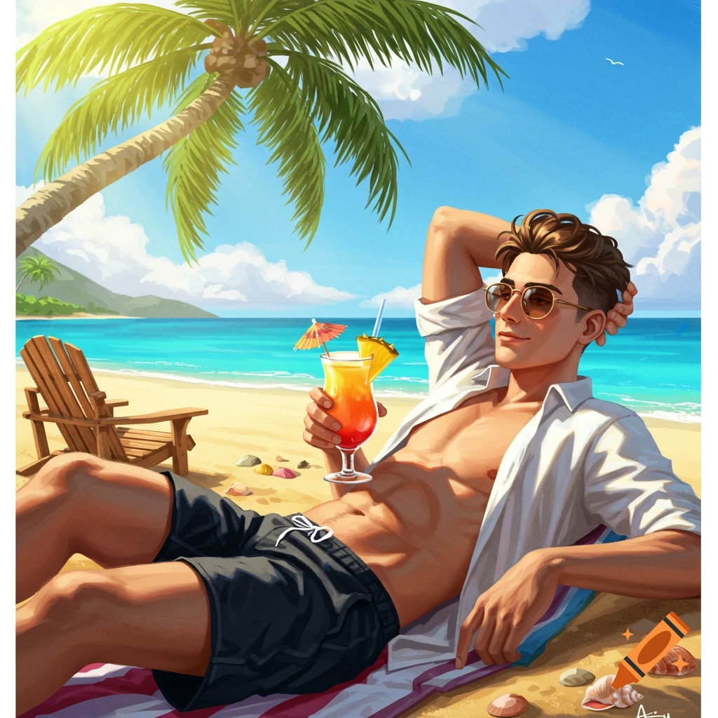 Digital illustration of a man relaxing on a sunny beach with a cocktail, wearing sunglasses and an open white shirt.