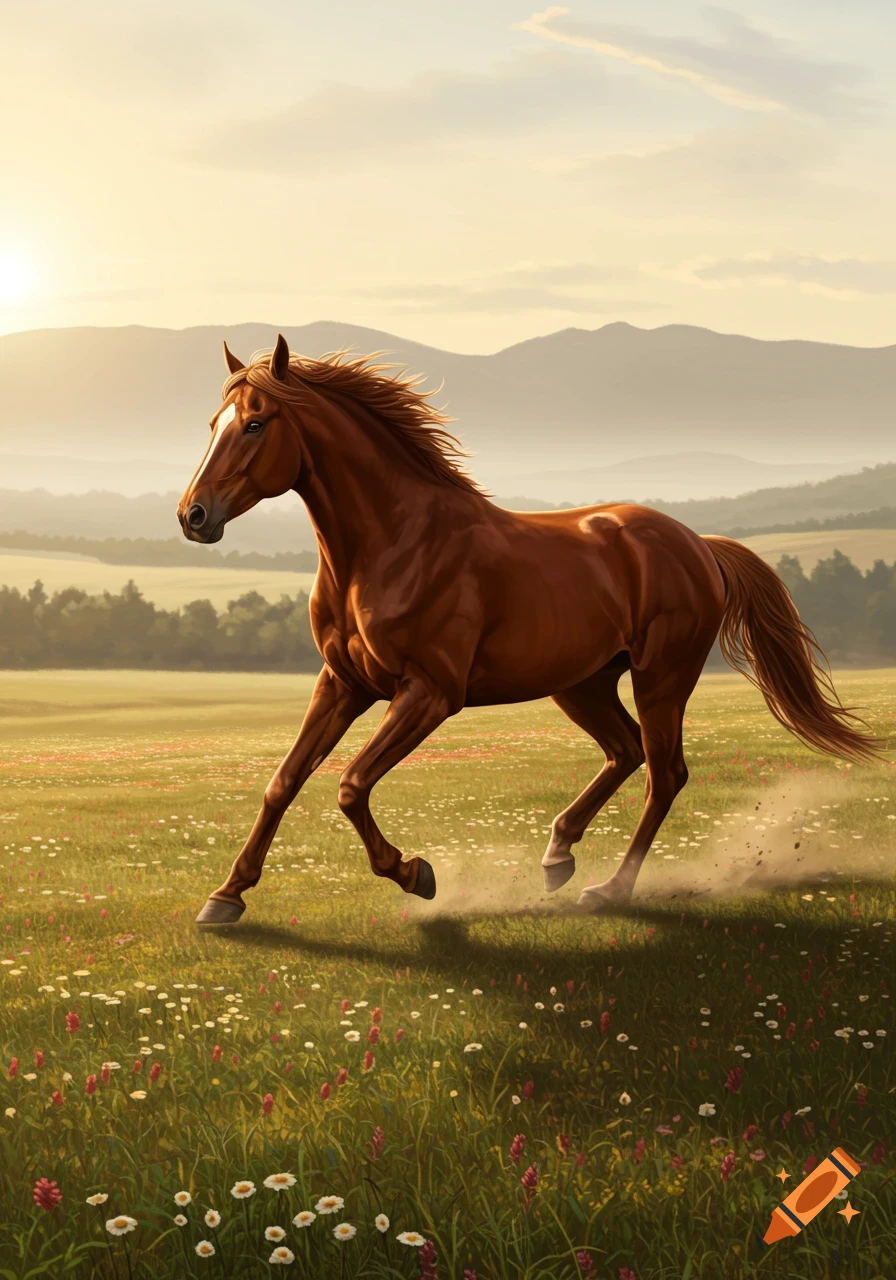 A photorealistic brown horse gallops through a vibrant wildflower field at sunrise, mountains in the distance.