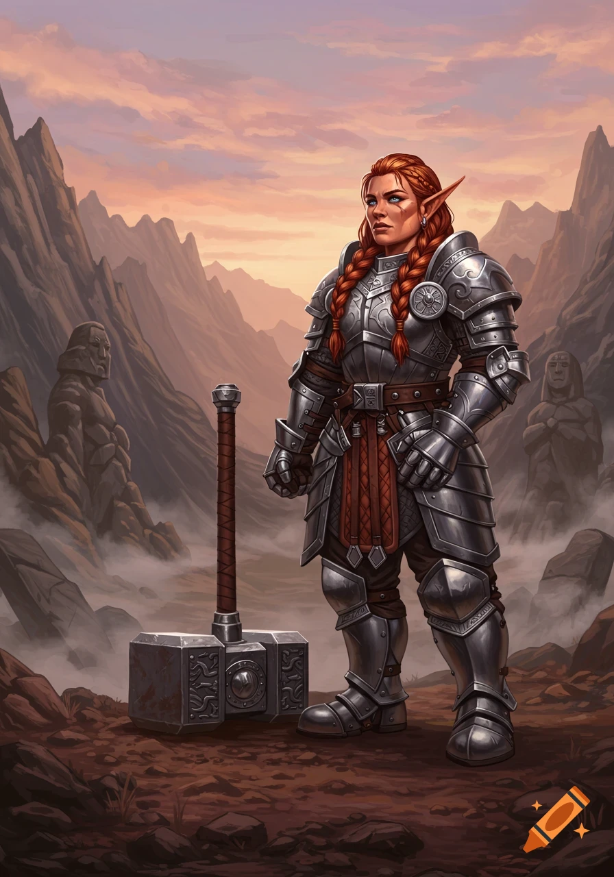 Red-haired dwarven warrior in ornate silver armor stands with a warhammer in a misty, mountainous valley at sunset.