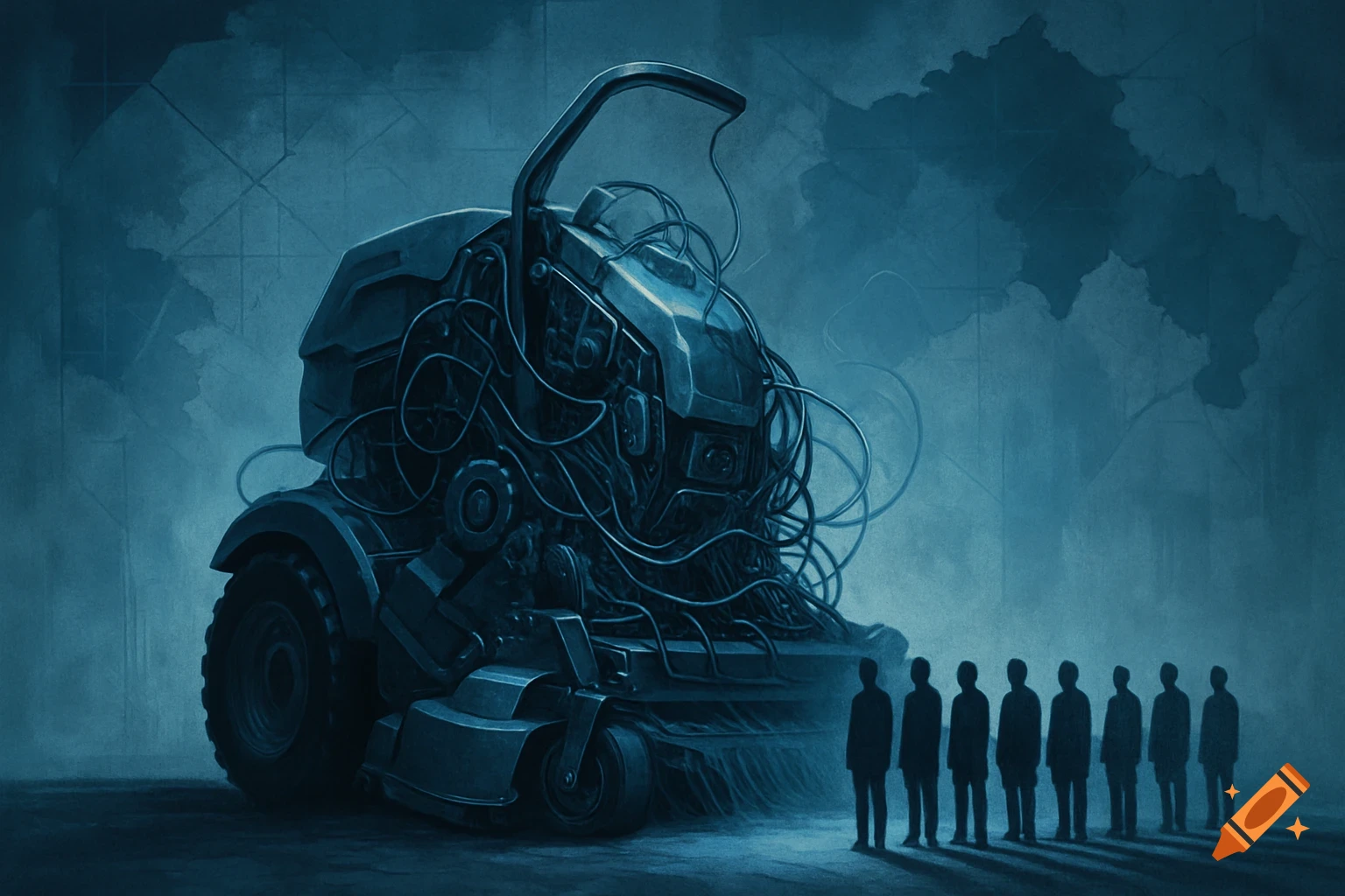 A large, complex blue-toned machine with exposed wires looms over a line of silhouetted people in a dark, atmospheric illustration.