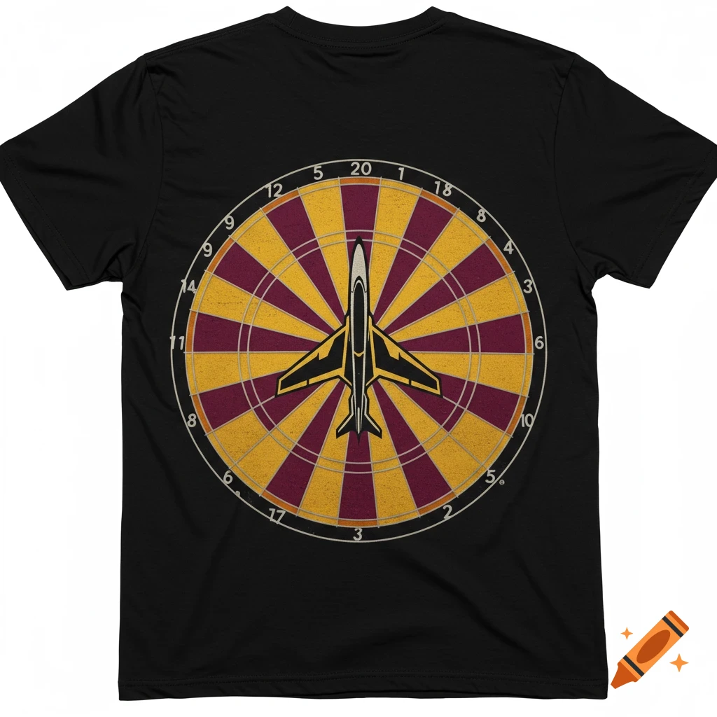 Black t-shirt with a dartboard graphic featuring a stylized jet plane in the center. The dartboard is red and yellow.