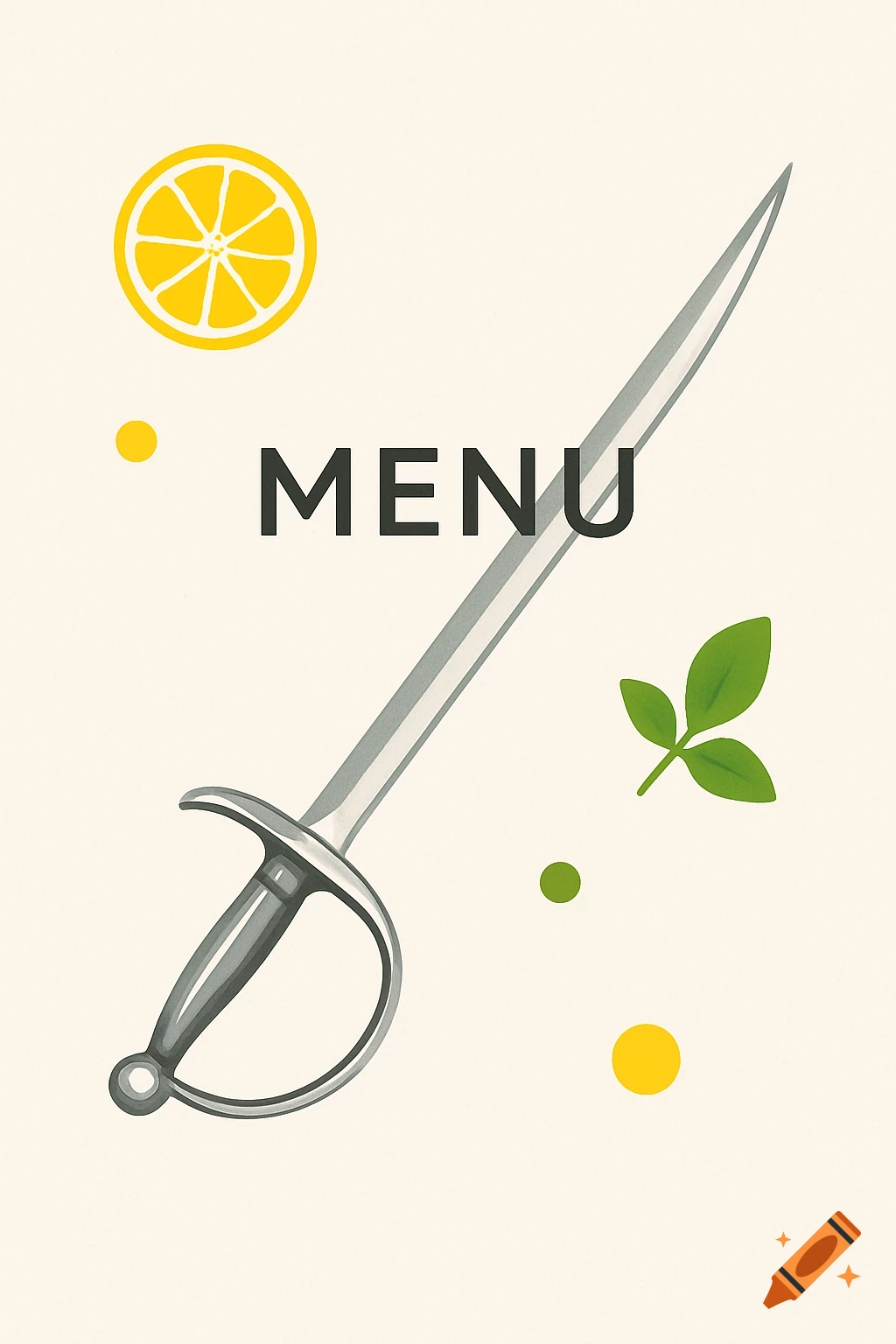 A minimalist restaurant menu design featuring a saber, a lemon slice, and green leaves on a light background, with the word "MENU".