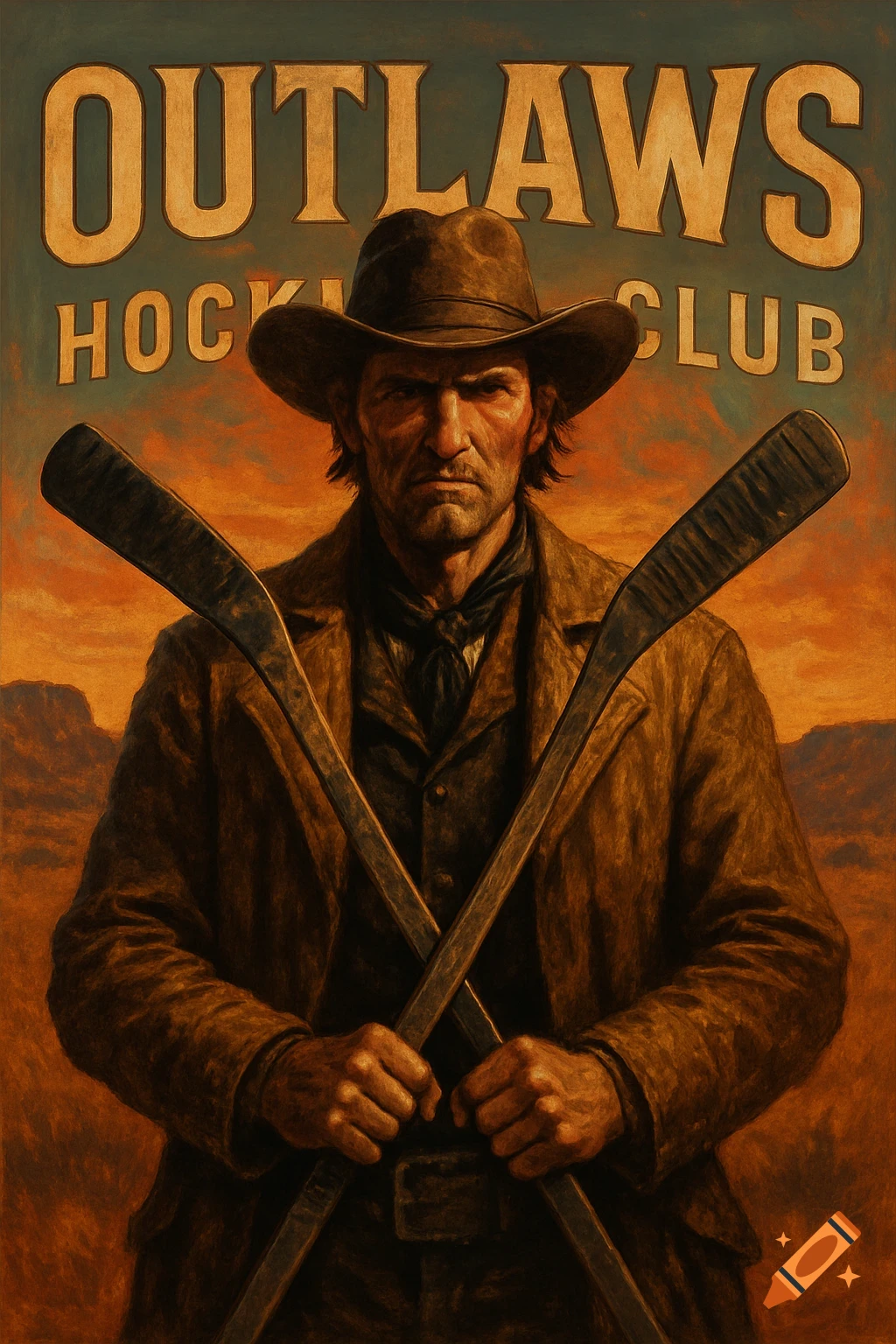 A stern cowboy in a hat holds crossed hockey sticks, with 'OUTLAWS HOCKEY CLUB' text above, in a vintage poster style.