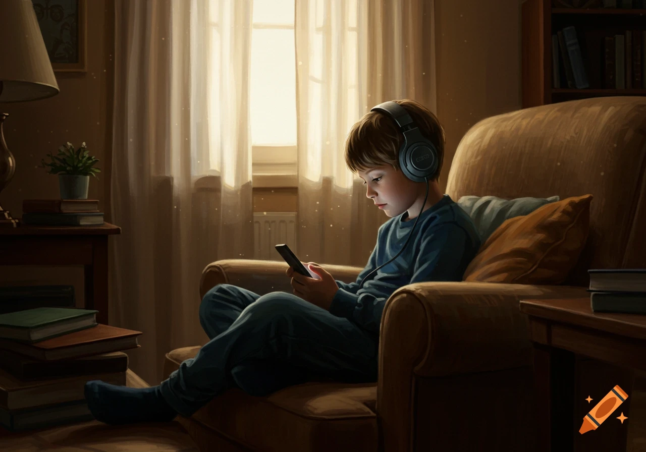 A young boy with headphones sits in a cozy armchair, illuminated by soft window light, looking at a smartphone in a realistic digital art style.
