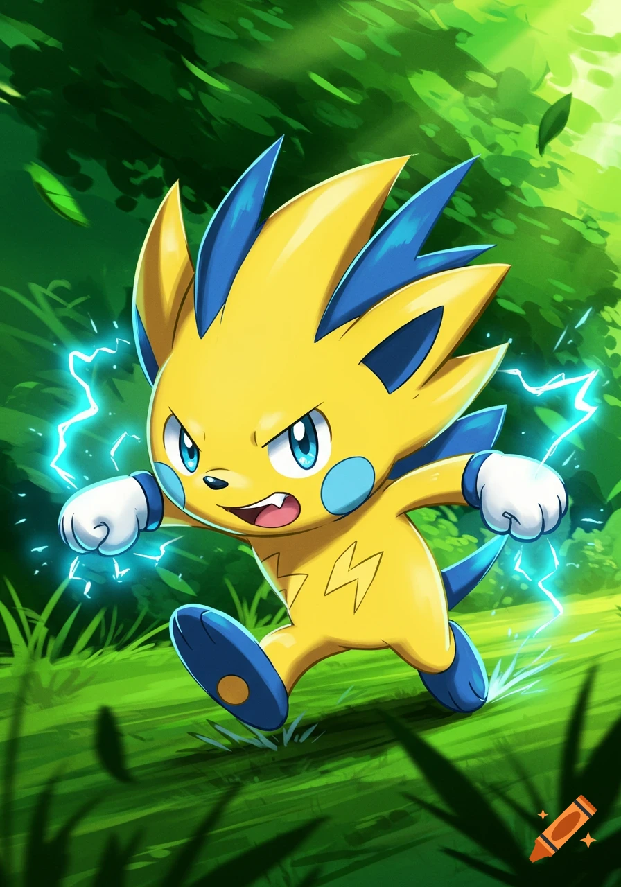 A yellow and blue electric hedgehog-like creature, Sonichu, runs with lightning around its fists in a green forest, anime style.