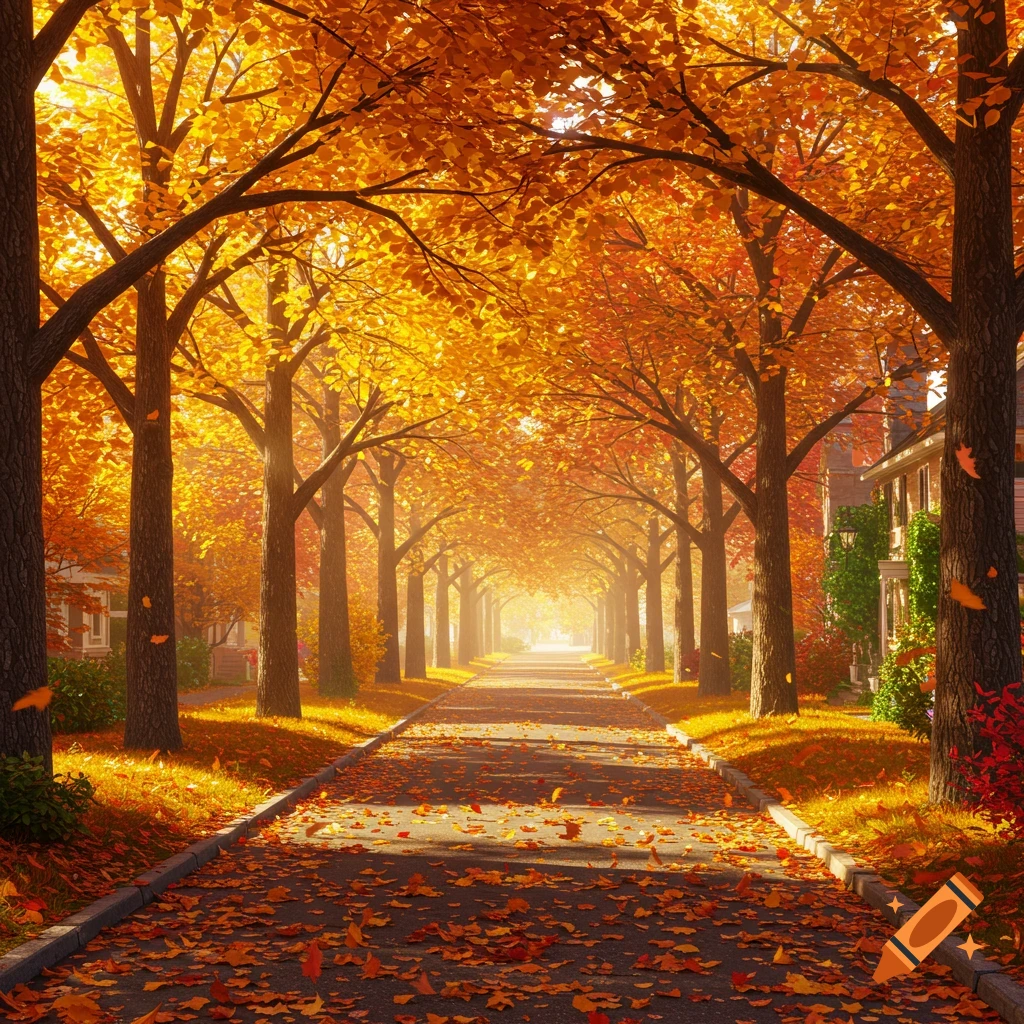 A picturesque autumn street in a neighborhood, lined with trees full of golden and orange leaves, with fallen leaves covering the path.