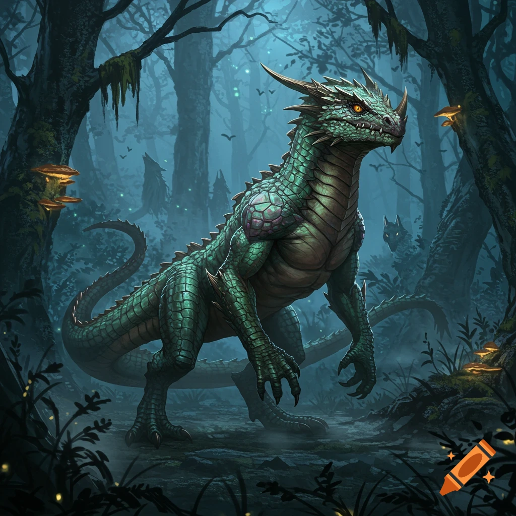 A vibrant green, horned dragon with glowing orange eyes stands in a dark, misty fantasy forest, surrounded by trees and glowing mushrooms.