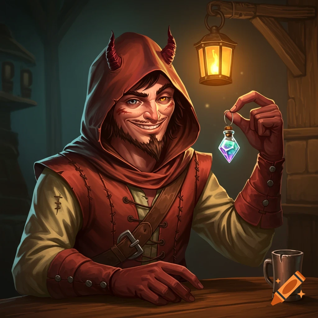 A mischievous, horned rogue with a sly grin holds a glowing vial in a medieval tavern, depicted in a caricature style.