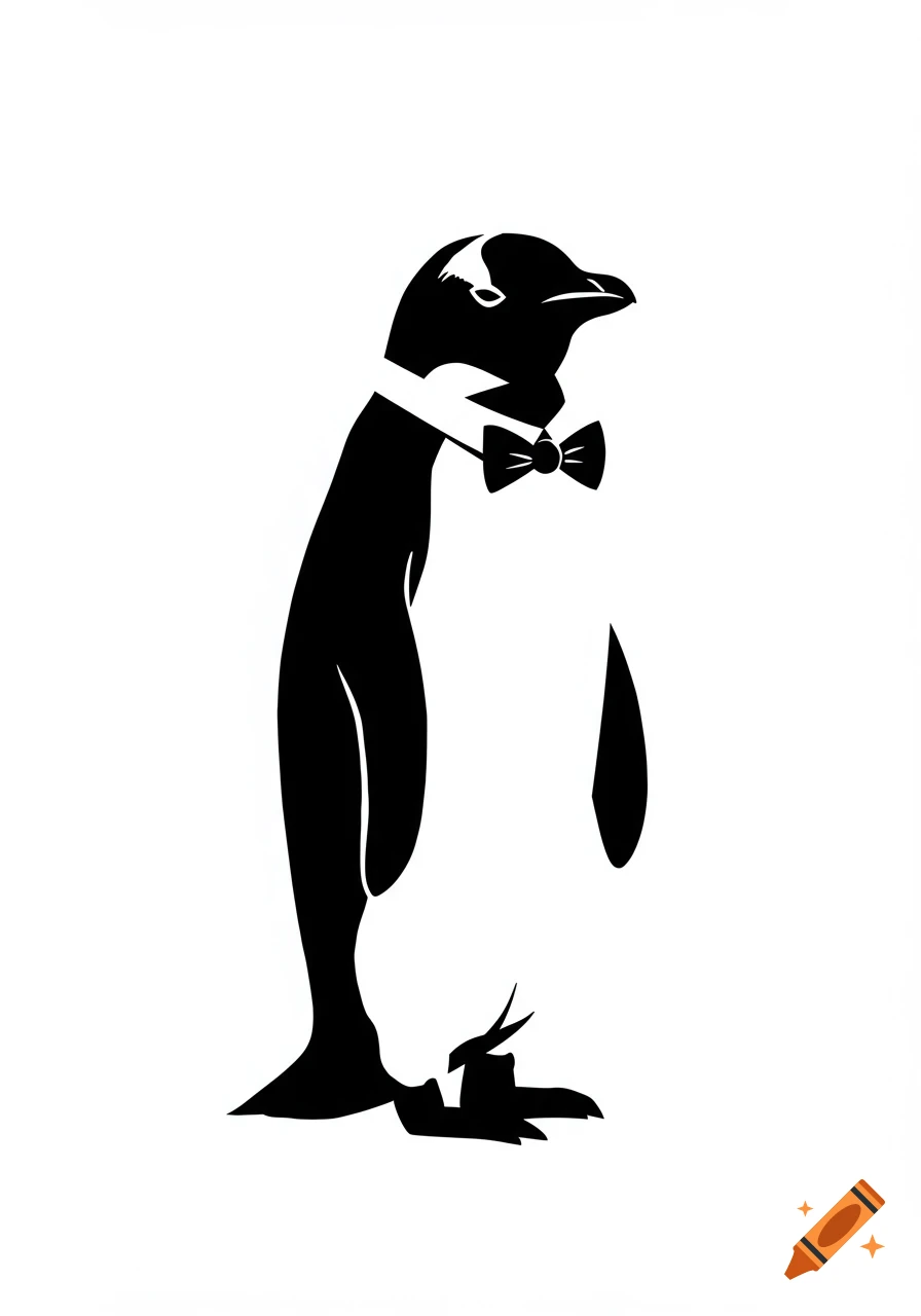 Black and white simple stencil illustration of a penguin wearing a bow tie.