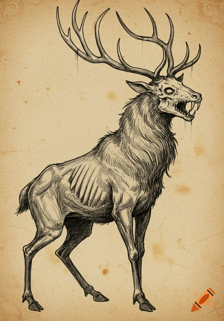 A rough chalk sketch on old paper depicts a menacing skeletal deer with large antlers and fangs.