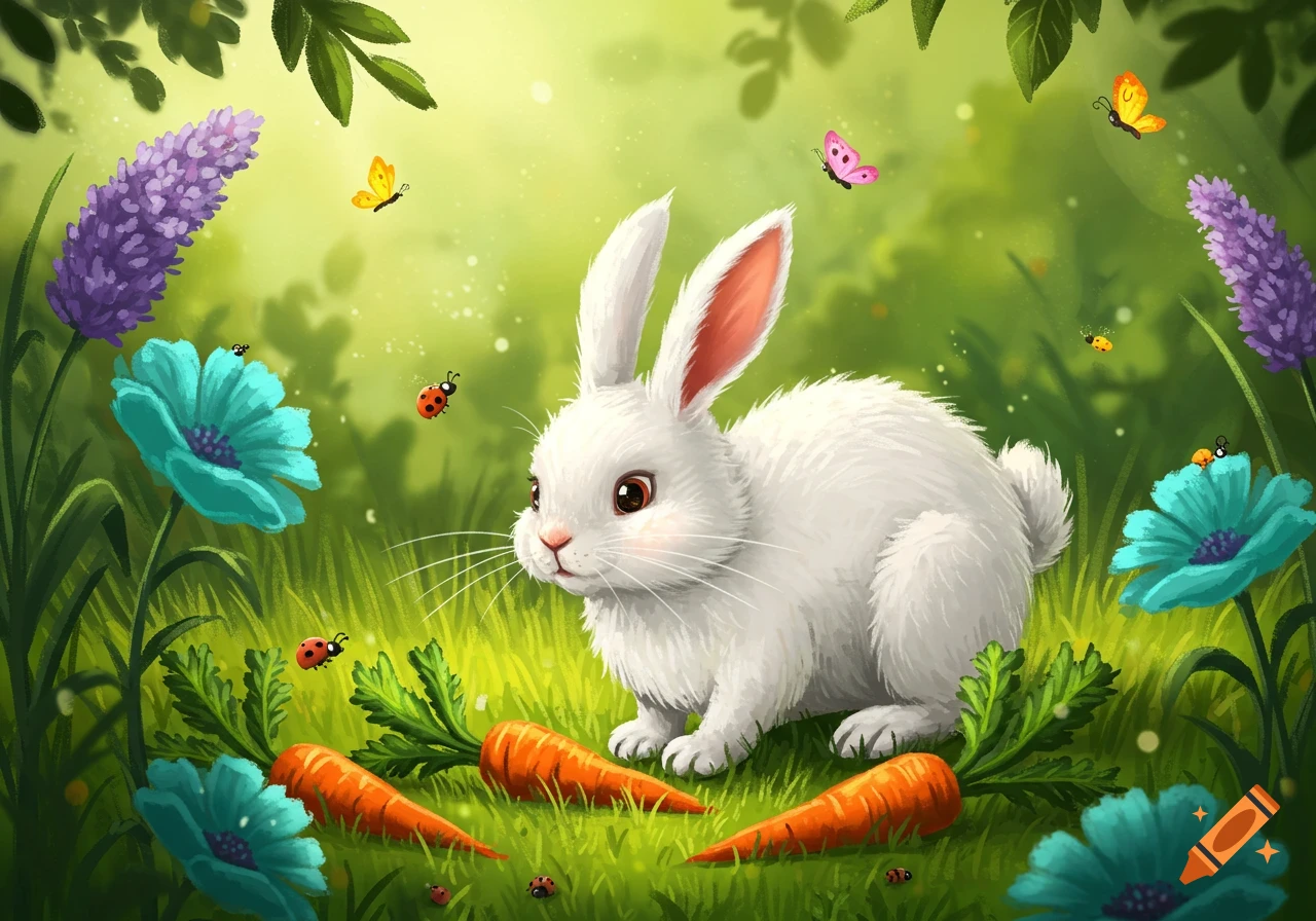 A cute white bunny sits in a lush green field surrounded by colorful flowers, butterflies, and carrots, in an illustration style.