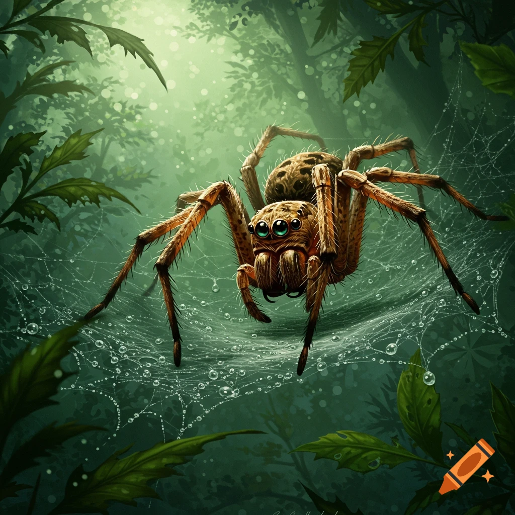 A detailed illustration of a brown jumping spider with large green-blue eyes on a dewy web in a lush green forest.