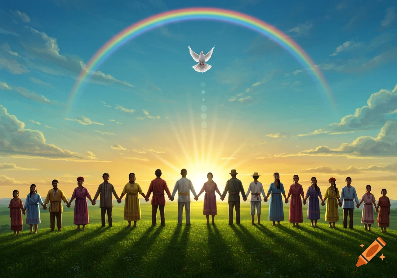 Diverse group of people holding hands in a grassy field under a rainbow and a dove at sunrise, symbolizing peace and unity.