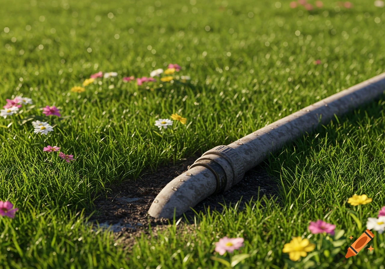 A close-up of a grey hose disappearing into the dirt of a lush green lawn, surrounded by colorful small flowers.