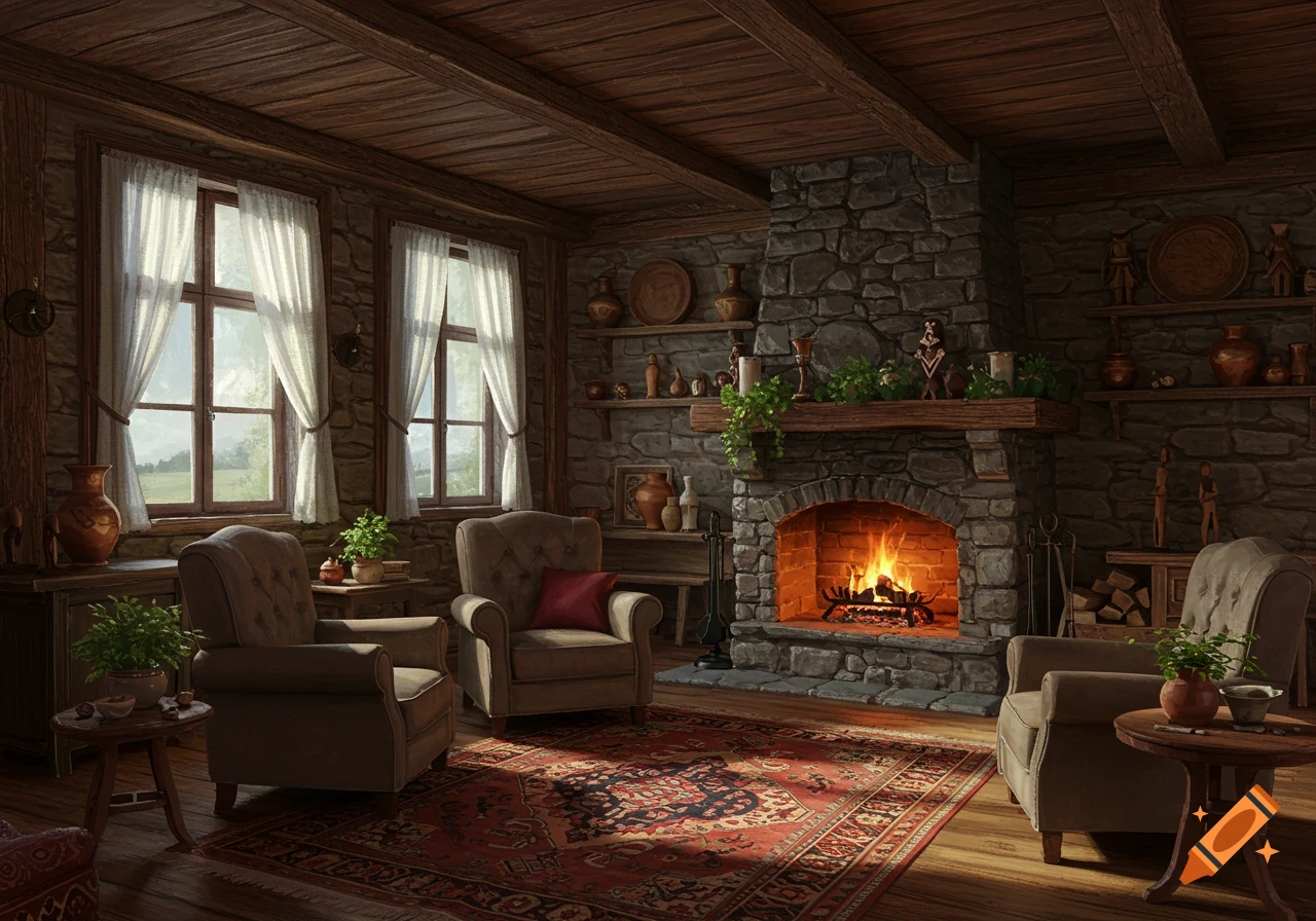 Photorealistic cozy rustic living room with a stone fireplace, armchairs, and sunlit windows.
