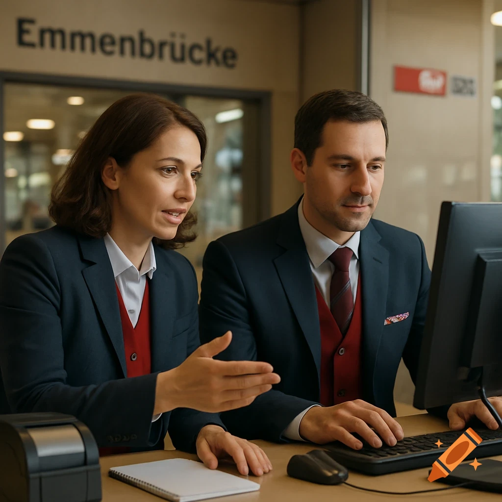 Two photorealistic railway employees in uniform, a woman gesturing at a computer screen while a man types.