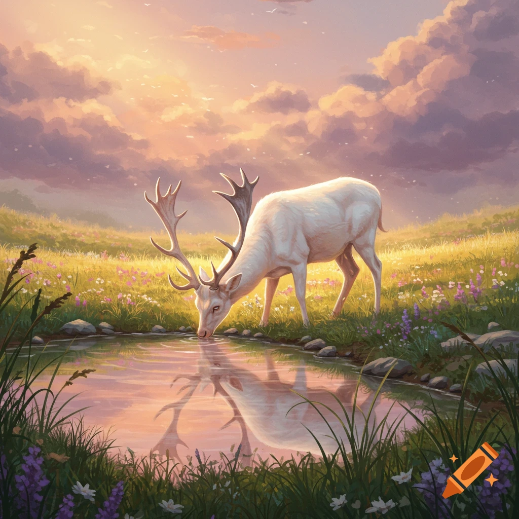 White deer with antlers drinks from a pond in a colorful meadow at sunset, its reflection visible.